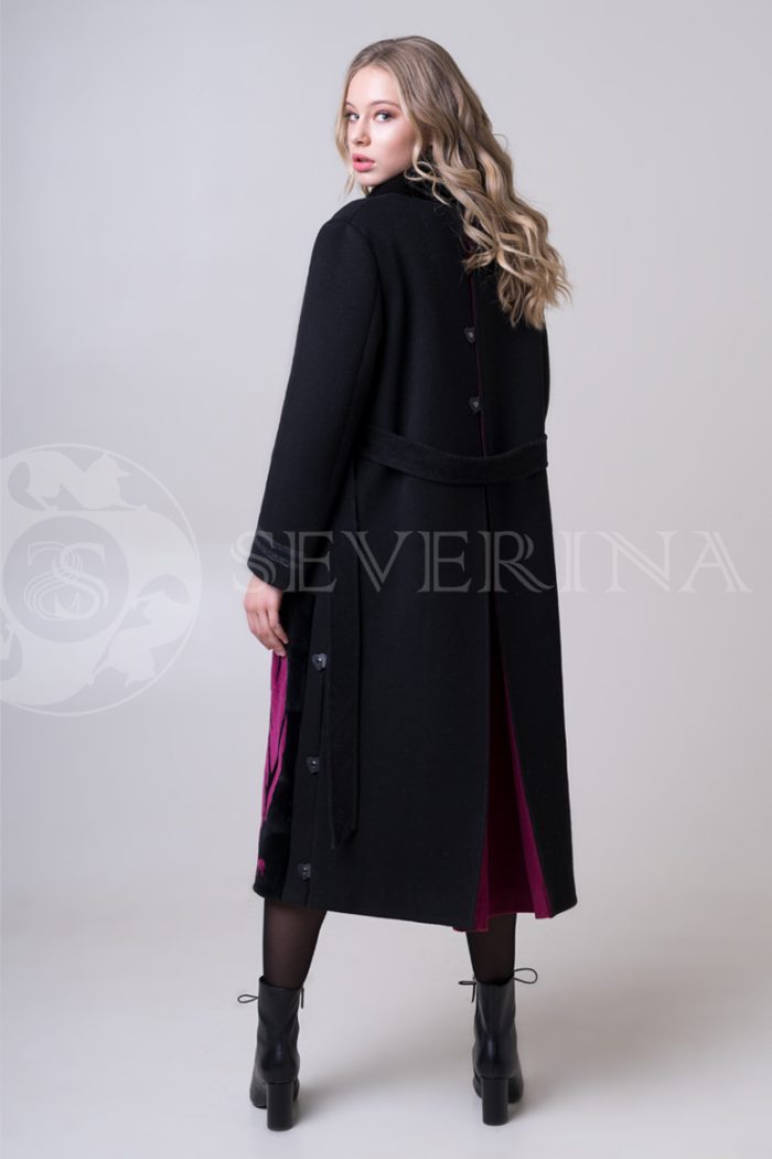 palto chernoe fuksija tigr 3 700x1050 - Пальто чёрного цвета с инкрустацией цветным мехом норки П-020