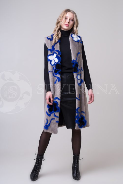 palto mokko norka sinie cvety 4 500x750 - Пальто-жилет с инкрустацией цветным мехом норки П-018-1