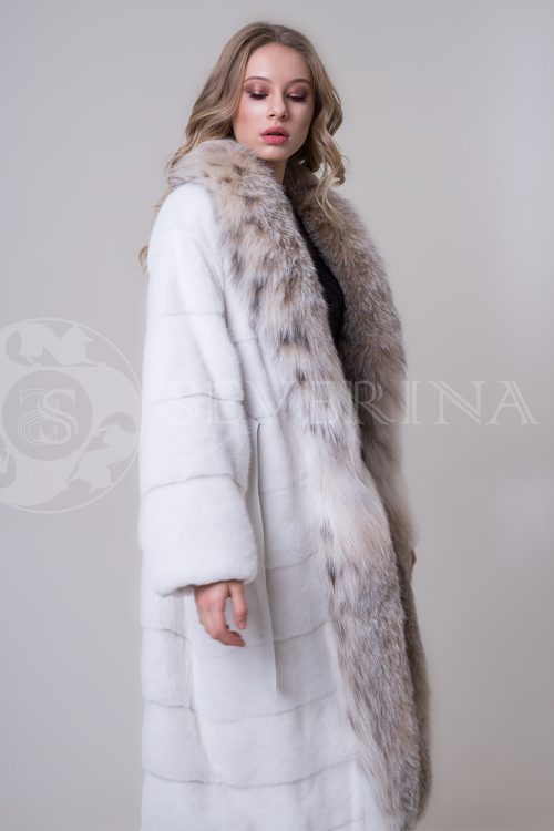 shuba norka belaja bort rys 2 1 500x750 - Шуба-пальто из пони с леопардовым принтом и отделкой мехом норки О-001