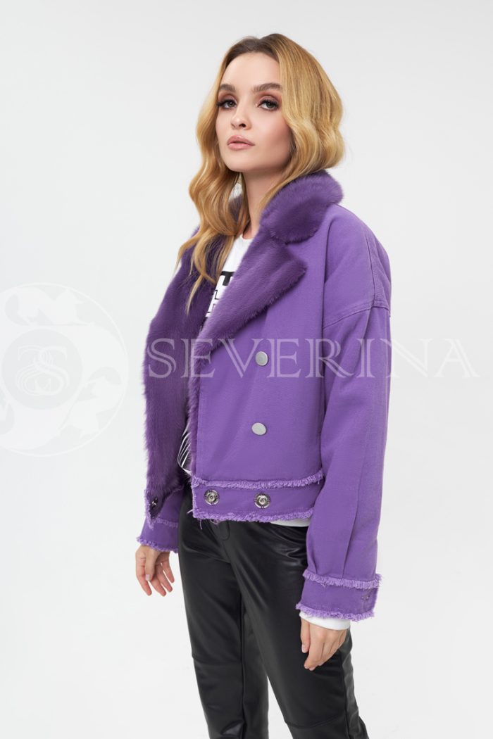 dzhinsovka s norkoj fioletovaja 700x1050 - Джинсовая куртка с отделкой мехом норки фиолетового цвета К-051