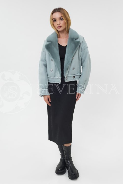 dzhinsovka s norkoj mjata 500x750 - Джинсовая куртка с отделкой мехом норки мятного цвета К-052