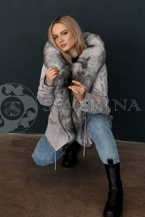 parka seraja pesec 500x750 - Куртка-дубленка из натуральной кожи удлиненная "косуха" с отделкой мехом овчины СТ-0560