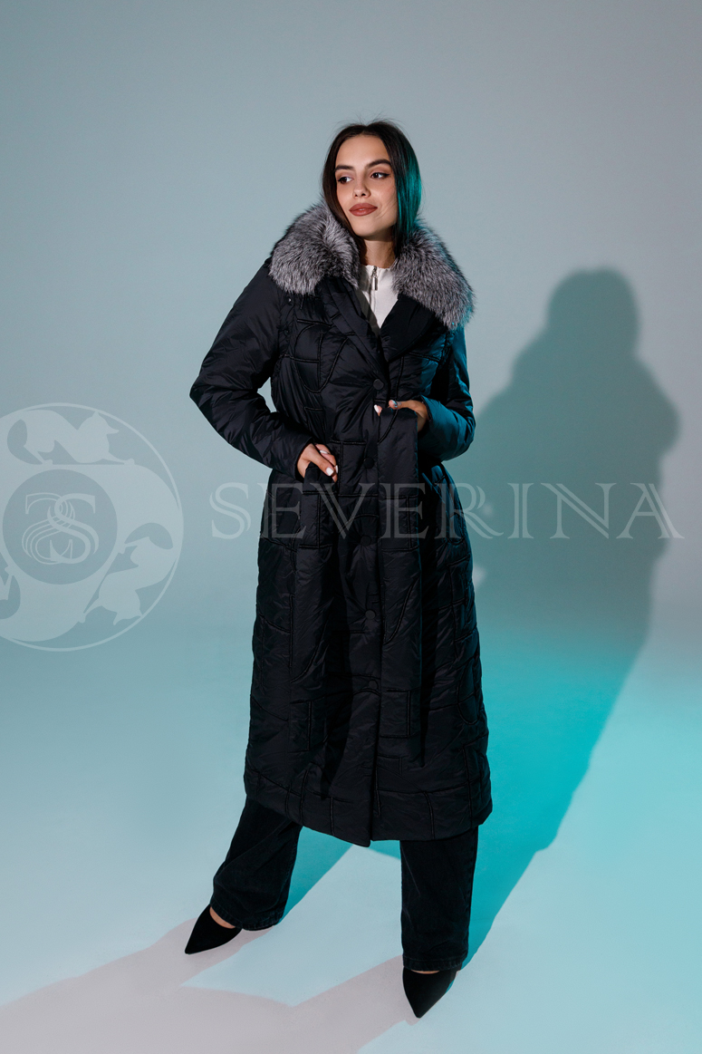 palto chernoe stezhka meh chernoburka 1 - Пальто стёганое бежевого цвета со съемным воротником из экомеха ТН-ПР-Р168
