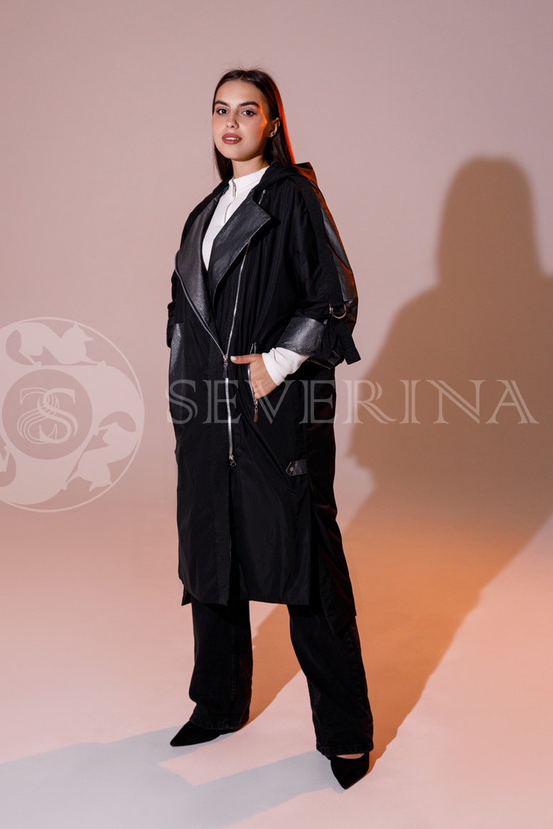 palto oversajz kombinirovannoe 1 - Пальто-плащ комбинированный черного цвета оверсайз МС-126