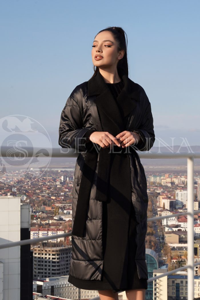 palto chernoe kombinirovannoe 1 700x1050 - Пальто комбинированное черное с поясом
